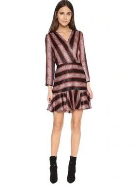 Veronica Beard Silk Mini Dress Size 4 (US 4) Black Red Print Wrap Ruffle Hem